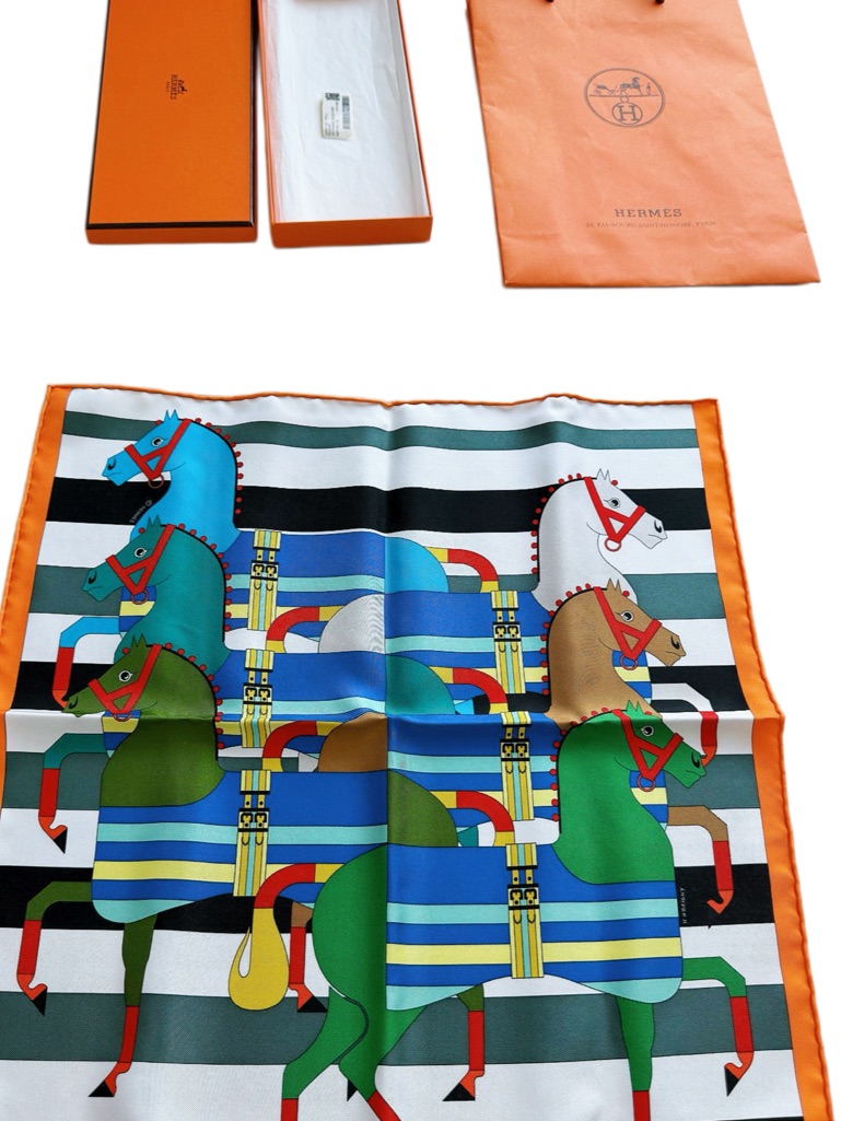 Steal Herms Orange-Trim Horse Print Silk Scarf